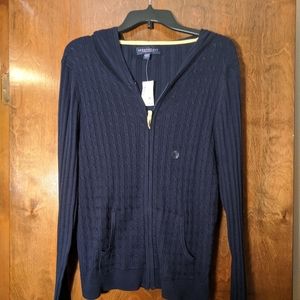Navy zippered cableknit cardigan